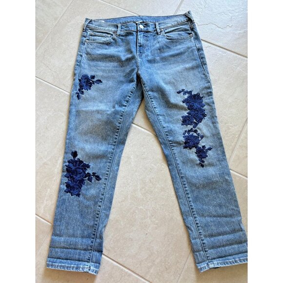 True Religion Jeans Womens Sz‎ 32 Cameron Slim Boyfriend Blue Embroidered Y2K - Picture 4 of 10